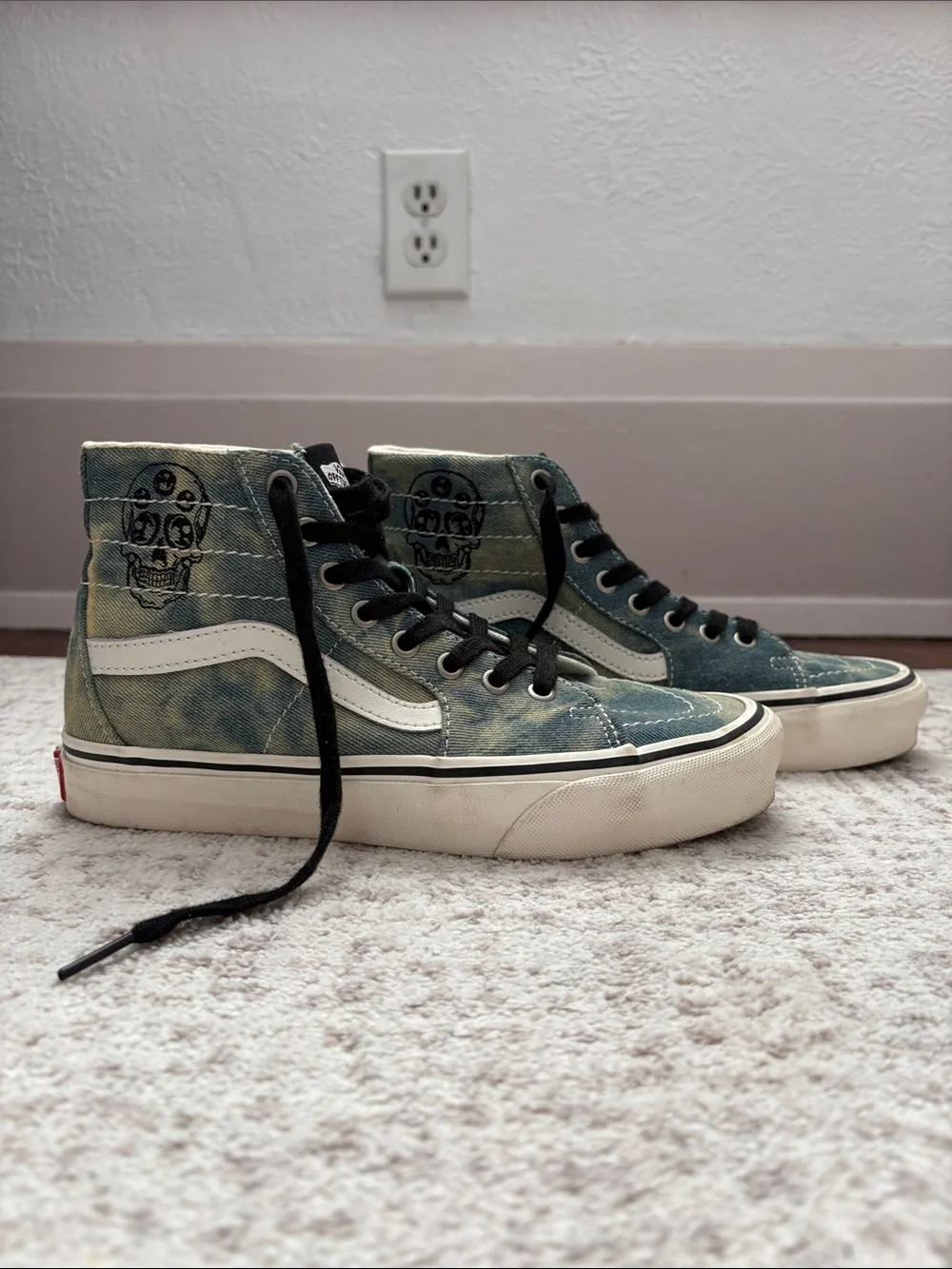 Vans Hi-Top Sneakers with Skull Graphic - Teal, White, Black